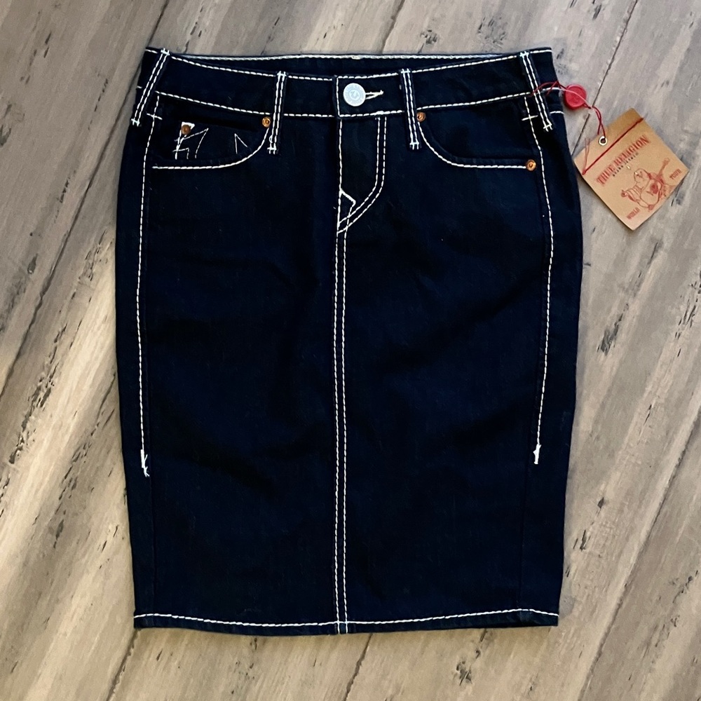 True Religion Bella Hadid Denim Dark Blue Big T Skinny Pencil Skirt 26
